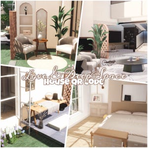 以下が含まれることがあります： リビングルーム、ベッドルーム、屋外のシーティングエリアなど、インテリアデザインのシーンをコラージュした画像です。空間はニュートラルなカラーパレット、モダンな家具、装飾的な植物が特徴です。「Love & Deep Space House QR Code」の文字が見えます。