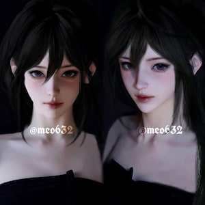 Puede incluir: Dos ilustraciones digitales de mujeres con cabello negro largo, vistiendo tops negros sin tirantes. Las mujeres tienen rasgos similares, pero una tiene una expresión más neutral mientras que la otra tiene una expresión ligeramente triste. El texto "@meo632" aparece en la parte inferior de cada imagen.