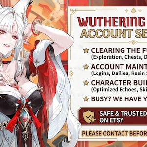 May include: An anime-style illustration of a white-haired character with red eyes wearing a red and black outfit, next to text reading Wuthering Waves Account Services, Clearing the Full Map, Account Maintenance, Character Building, and Busy? We Have You Covered!