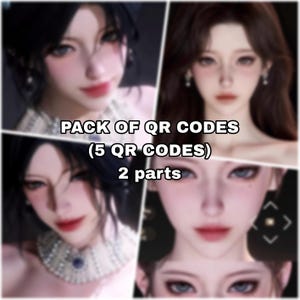 Op de afbeelding: Een digitale afbeelding met vier portretten van een vrouw met donker haar en een lichte huid. De tekst "PACK OF QR CODES (5 QR CODES) 2 parts" is over de afbeelding geplaatst. De portretten hebben een zachte, vage esthetiek.