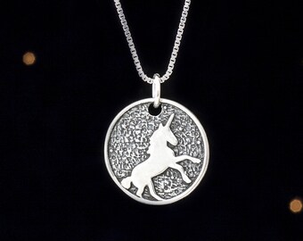 Sterling Silver Unicorn in the Moon Medallion - Double Sided - (Pendant Only or Necklace)