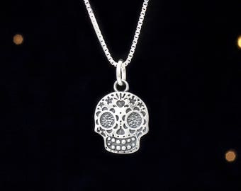 Sterling Silver Sugar Skull - VERY SMALL, Double Sided - (Charm Only or Necklace)