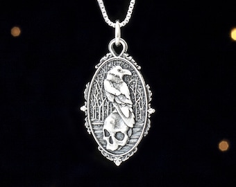 Sterling Silver Raven and Skull - (Pendant Only or Necklace)