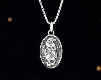 Sterling Silver Raven and Skull - VERY SMALL - (Charm Only or Necklace)