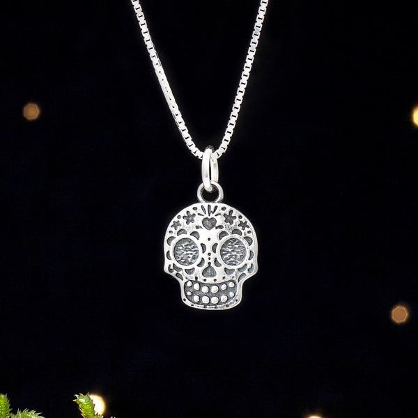 Sterling Silver Sugar Skull - VERY SMALL, Double Sided - (Charm Only or Necklace)