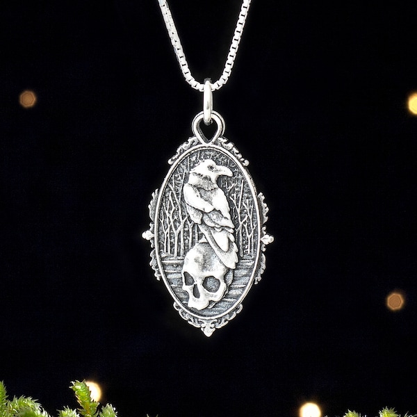 Sterling Silver Raven and Skull - (Pendant Only or Necklace)