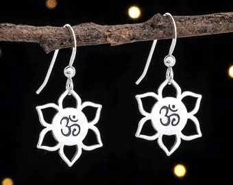 Sterling Silver Lotus Flower and Om Earrings - SMALL, Lightweight