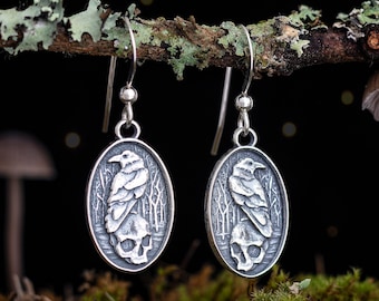 Sterling Silver Raven and Skull Earrings - Small
