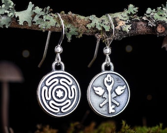 Sterling Silver Hecate's Wheel, Key, Torch Earrings - SMALL, Double Sided - Ear Wire or Lever Back