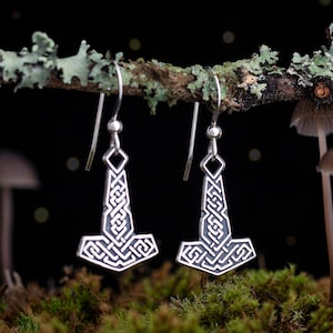 Sterling Silver Dwarven Thor&#39;s Hammer, Mjölnir Earrings - SMALL, Double Sided