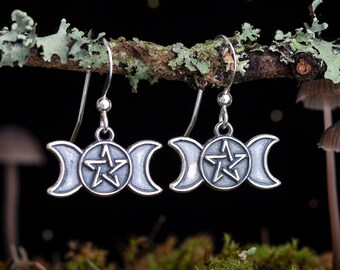 Sterling Silver Triple Moon Pentagram Earrings - Small