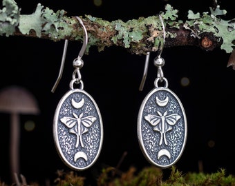 Sterling Silver Luna Moth, Moon Phase Earrings - SMALL
