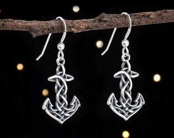 Sterling Silver Celtic Anchor Cross Earrings, Rope Knot - SMALL, 3D Double Sided