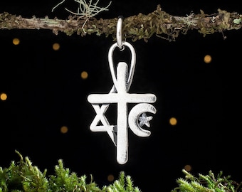 Sterling Silver Unity Charm - Christianity, Judaism and Islam - VERY SMALL, Lightweight - (Charm Only or Necklace)