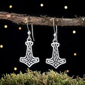 Sterling Silver Celtic Thor&#39;s Hammer, Mjölnir Earrings - Double Sided