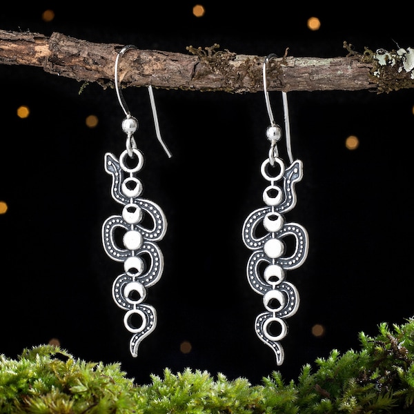 Sterling Silver Moon Phase Snake Earrings - SMALL, Double Sided