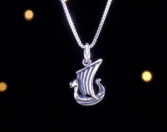 Sterling Silver Little Viking Ship - VERY SMALL, 3D Double Sided - (Charm Only or Necklace)