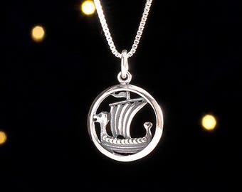 Sterling Silver Viking Ship - Small, 3D Double Sided - (Charm Only or Necklace)