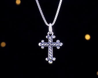 Sterling Silver Ornate Cross - VERY SMALL, 3D Double Sided - (Charm Only or Necklace)