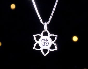 Sterling Silver Lotus Flower and Om - SMALL, Lightweight - (Charm Only or Necklace)