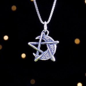 Sterling Silver Crescent Moon Pentagram SMALL, Double Sided Pendant Only or Necklace image 1