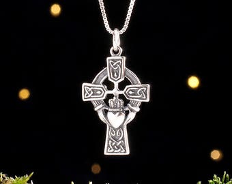 Sterling Silver Irish Celtic Cross with Claddagh - (Pendant Only or Necklace)