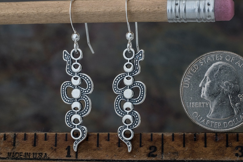 Sterling Silver Moon Phase Snake Earrings SMALL, Double Sided image 4