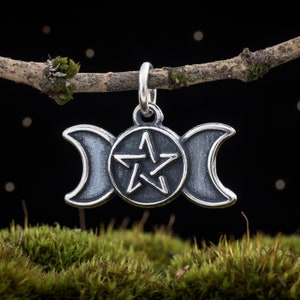 Sterling Silver Pentagram Triple Moon - VERY SMALL - (Charm Only or Necklace)