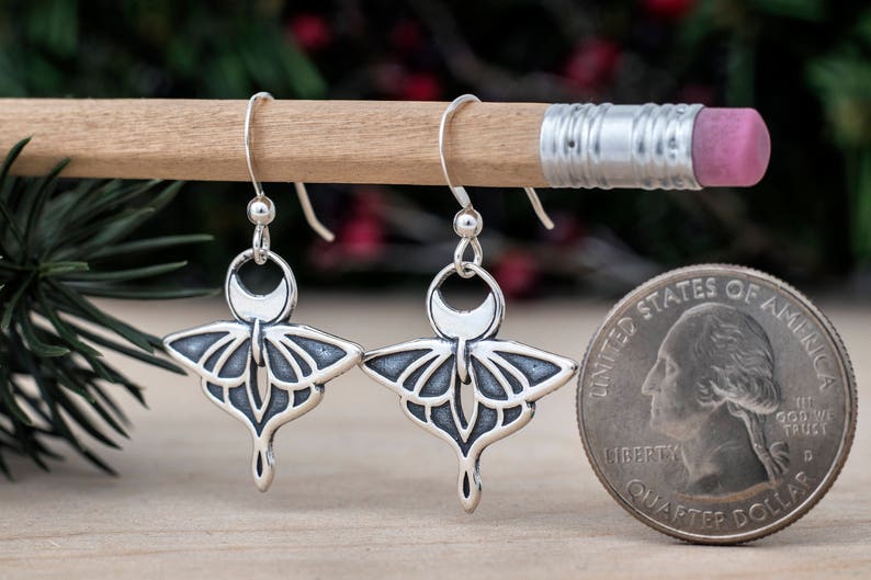 Sterling Silver Luna Moth Earrings Small, Double Sided image 3