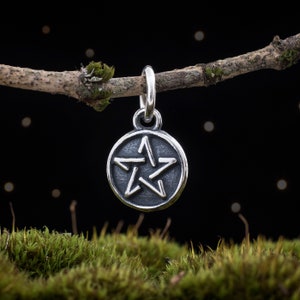 May include: A silver pendant with a five-pointed star, known as a pentagram, in a circular design. The pendant is hanging from a branch against a black background with white dots.