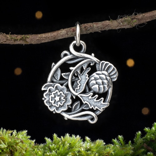 Chardon écossais et rose anglaise en argent sterling - Petit, recto-verso - (pendentif uniquement ou collier)