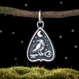 Sterling Silver Raven Moon and Key Planchette - VERY SMALL - (Charm Only or Necklace)
