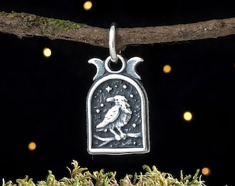 Sterling Silver Raven and Triple Moon - VERY SMALL - (Charm Only or Necklace)