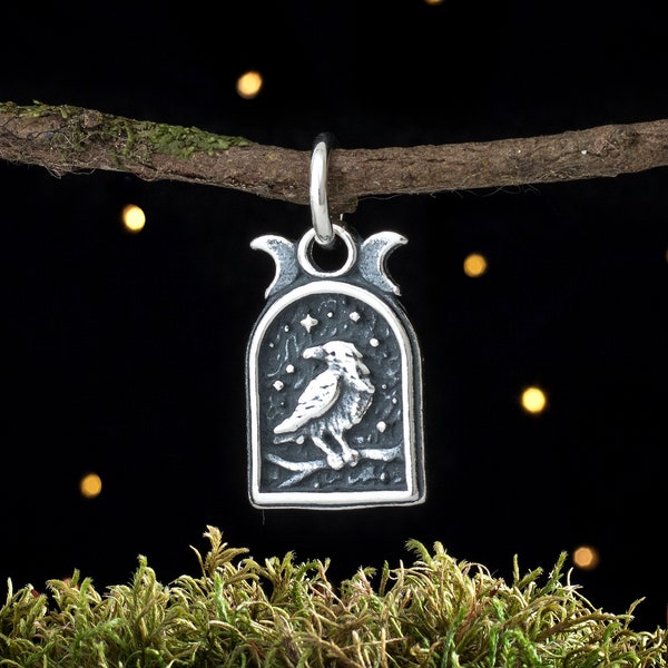 Sterling Silver Raven and Triple Moon - VERY SMALL - (Charm Only or Necklace)