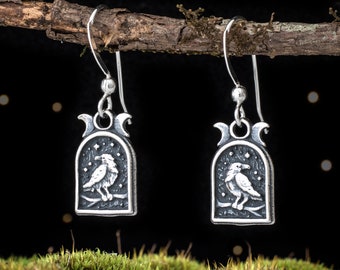 Sterling Silver Raven and Triple Moon Earrings - VERY SMALL - Ear Wire or Lever Back