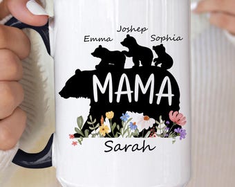 Personalized Mama Bear Mug with Kids Names, Custom Name Mom Mug, Mothers Day Gift, Floral Mama Bear Coffee Cup, Grandma Gift