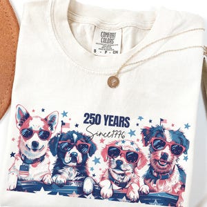Patriotic Dog Shirt 4th of July, USA Dogs Graphic Tee, 250 Years Since 1776, American Flag Puppy Shirt, Dog Lover Gift USA Pride