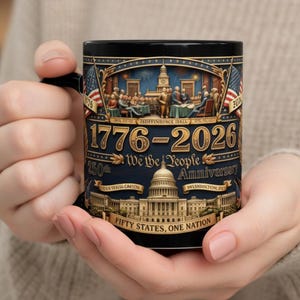 USA 250th Anniversary Mug 1776-2026 Patriotic Coffee Cup We The People 3D Effect Independence Day Gift American History Mug Black Vintage