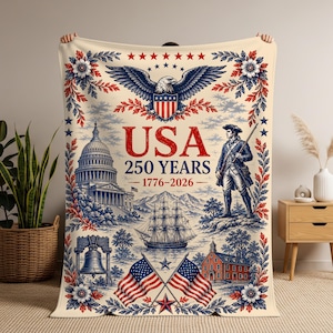 America 250 Blanket, Patriotic Colonial Toile Throw, USA Semiquincentennial Decor, 1776 2026 Americana Gift for Family