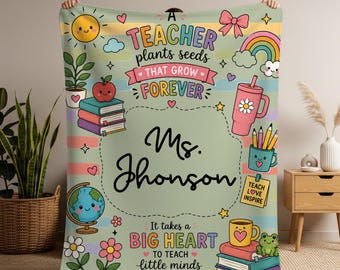 Personalized Teacher Blanket with Name, Cute Pink Teacher Appreciation Gift, Custom Teacher Throw, End of Year Teacher Gift