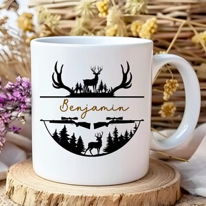 Custom Name Coffee Mug Personalized Hunting Gift Whitetail Buck Wildlife Design Ceramic Drinkware Outdoor Enthusiast Present Hunter Dad Men Season Essential Nature Lover Morning Beverage Camp Coffee Ritual Premium Quality Glossy Finish