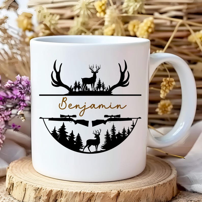 Custom Name Coffee Mug Personalized Hunting Gift Whitetail Buck Wildlife Design Ceramic Drinkware Outdoor Enthusiast Present Hunter Dad Men Season Essential Nature Lover Morning Beverage Camp Coffee Ritual Premium Quality Glossy Finish