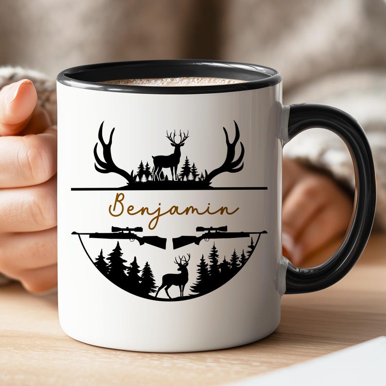 Personalized Hunting Mug Custom Name Engraved Whitetail Buck Design Ceramic Coffee Cup Wildlife Hunter Gift Glossy Finish Premium Quality Drinkware Outdoor Enthusiast Present Hunting Season Essential Men Outdoorsman Dad Nature Lover Morning