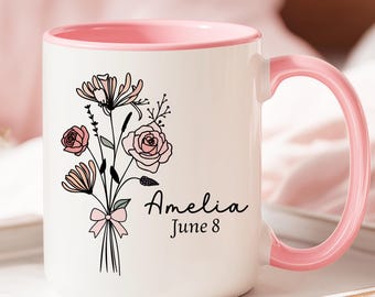 Monthly Birth Flower Mug, Custom Birth Flower Gift for Her, Personalized Name Coffee Cup, Elegant Floral Mug for Mom, Daughter or Friend