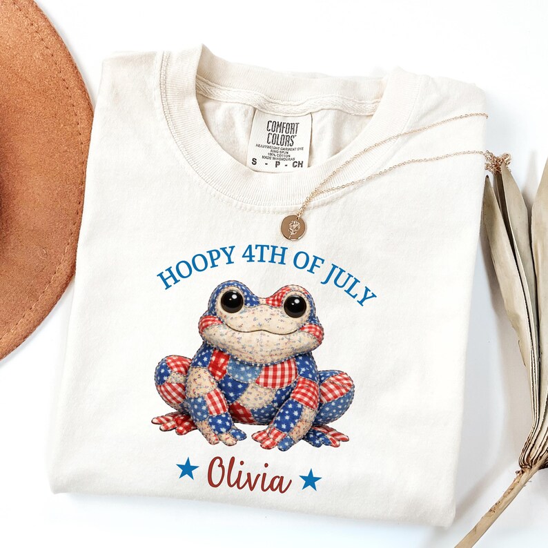 Cute patriotic frog shirt with patchwork USA pattern and custom name, personalized 4th of July Independence Day tee for kids and adults