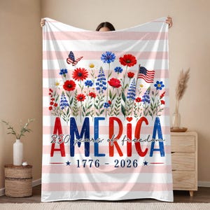America 250 Blanket, Patriotic Wildflower Throw, 1776 2026 USA Decor, Semiquincentennial Gift, Sherpa Velveteen Blanket