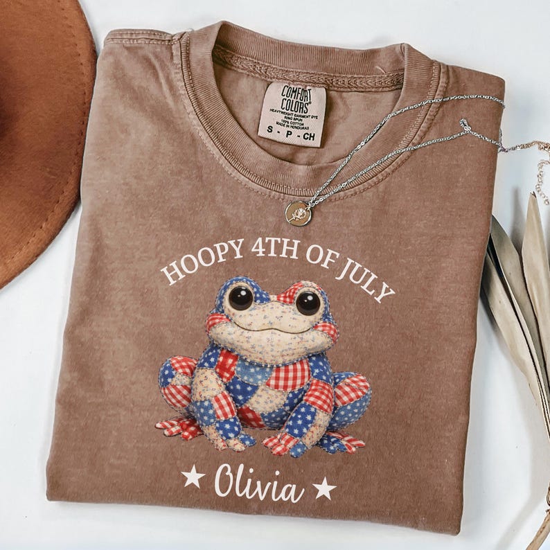 Cute patriotic frog shirt with patchwork USA pattern and custom name, personalized 4th of July Independence Day tee for kids and adults