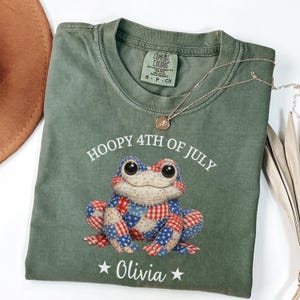 Cute patriotic frog shirt with patchwork USA pattern and custom name, personalized 4th of July Independence Day tee for kids and adults