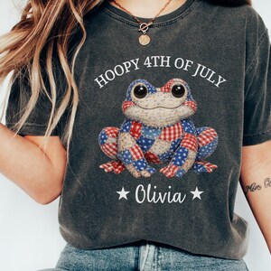 Cute patriotic frog shirt with patchwork USA pattern and custom name, personalized 4th of July Independence Day tee for kids and adults
