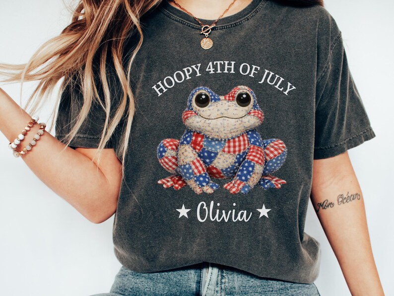 Cute patriotic frog shirt with patchwork USA pattern and custom name, personalized 4th of July Independence Day tee for kids and adults